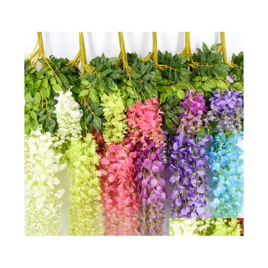 Couronnes De Fleurs Décoratives 7 Couleurs Élégant Artificielle Fleur De Soie Glycine Vigne Rotin Pour La Maison Garden Party Décoration De Mariage 7 Dh09V