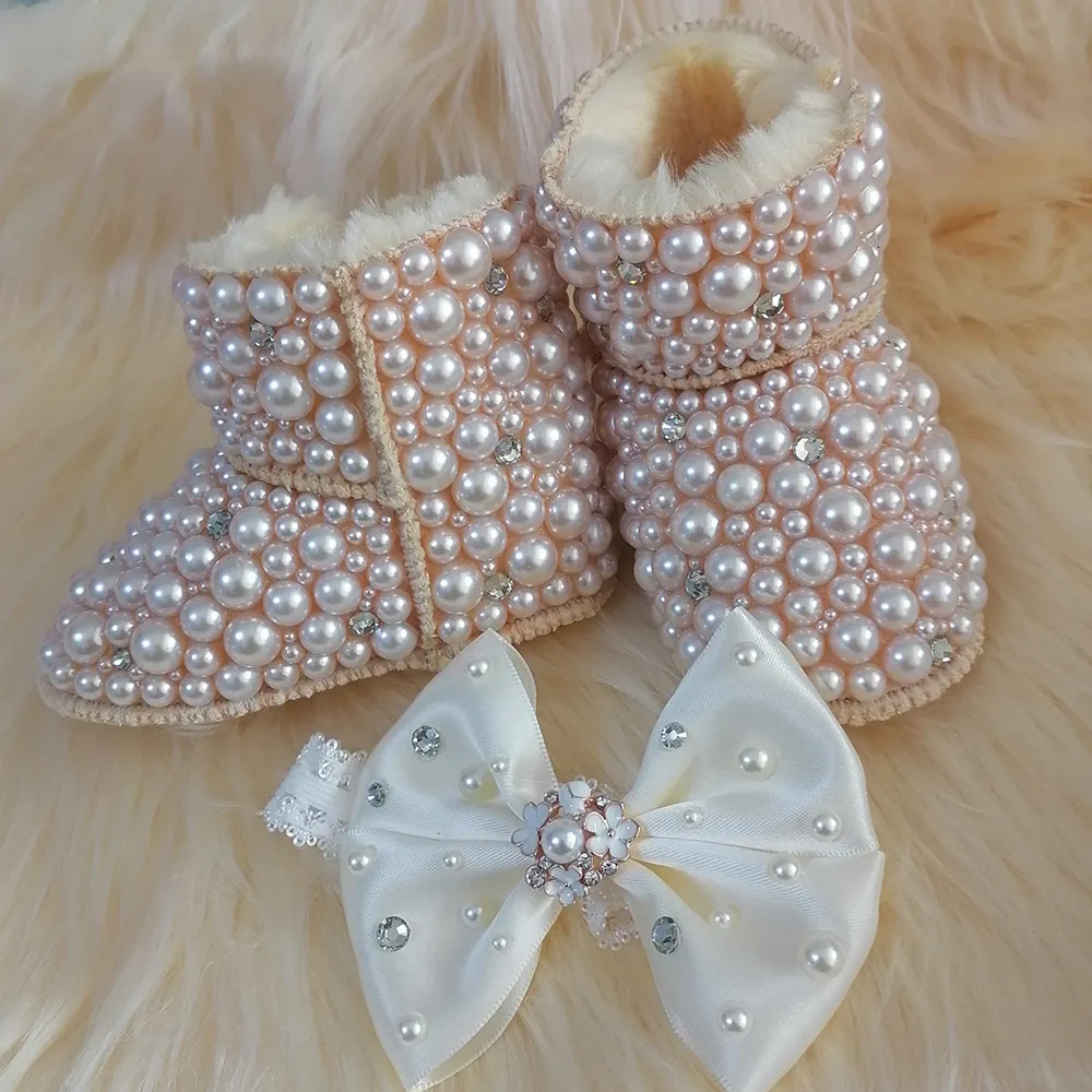 First Walkers Handmade Bow Hairband Rhinestones Baby Girl Warm Snow Boots Winter Shoes First Walker Sparkle Bling Crystal Princess Shower Gift 230114