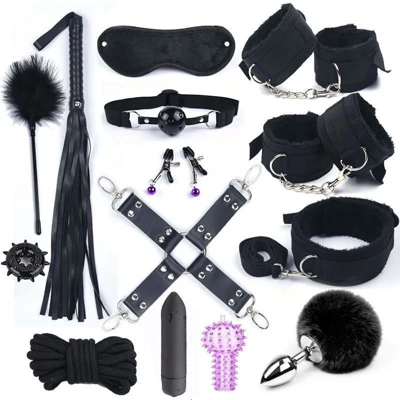 Brinquedos sexuais eróticos de Bondage para mulheres jogos de adultos nylon bdsm kits handcuffs chicote bocal gag rabbit cauda anal plug 230113