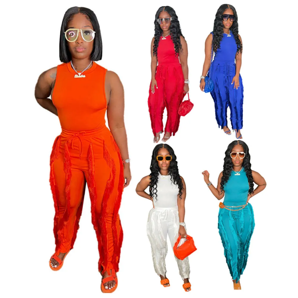 Designer Women Tracksuits Summer Outfits Sleeveless Vest top and Tassels Pants Two Piece Sets Outwork Sportswear Casual Jogger suits Solid Sweatsuits 8371