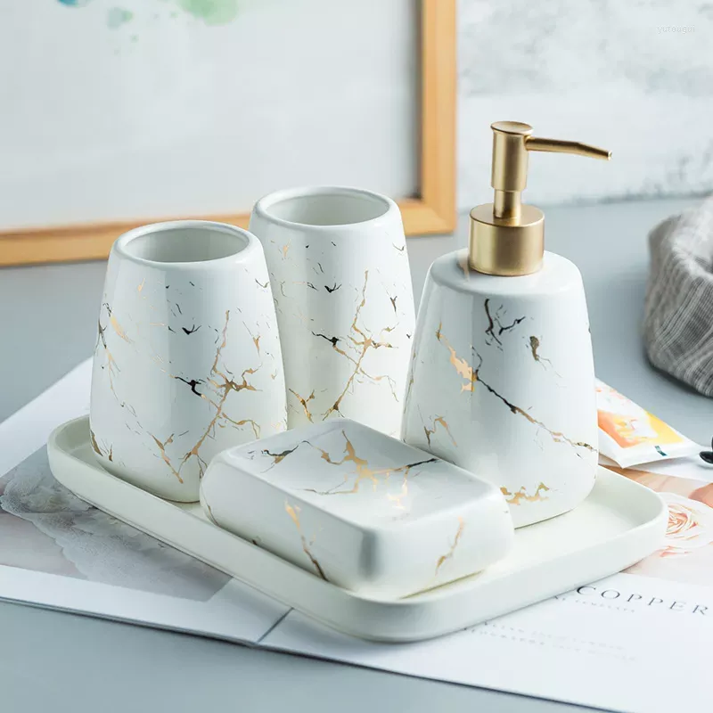 Set di accessori da bagno Vassoio da bagno con struttura in marmo Disinfettante per le mani in ceramica Accessori per lozioni Dispenser di sapone Dente