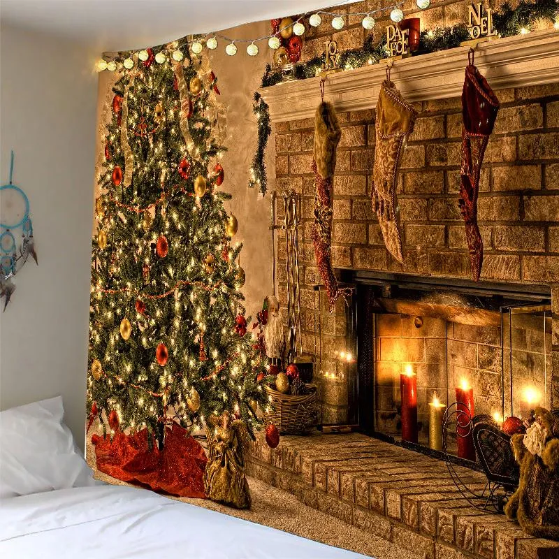 Tapestries 2023 Wall Hanging Tapestry Merry Chirstmas Tree Reindeer Fireplace Winter Forest Bedroom Living Room Dorm Boho Decor