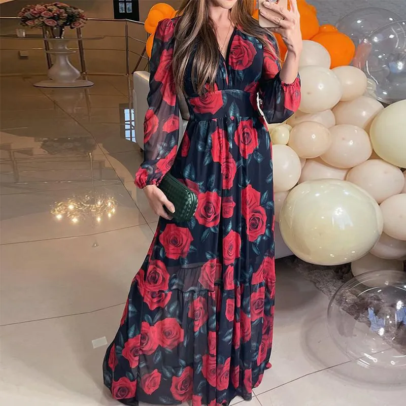 Sukienki swobodne Ellafads Kobiety maxi sukienka jesienna elegancka moda z długim rękawem różowy nadruk v szyfkowy szyfon z podszewką 230113