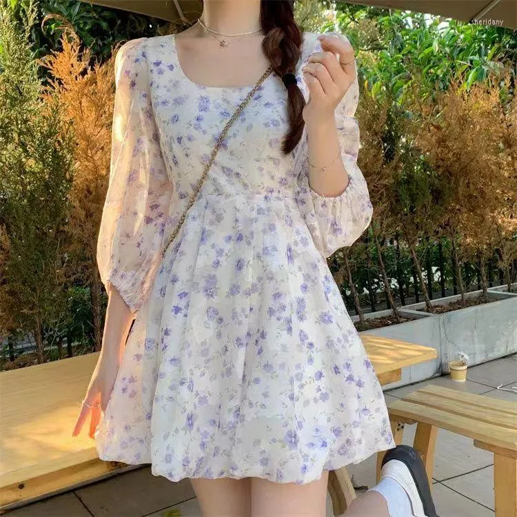 Casual Dresses Floral Summer Sweet Party Mini Women Print Korean Style Dress Female 2023 Chiffon France Elegant ett stycke