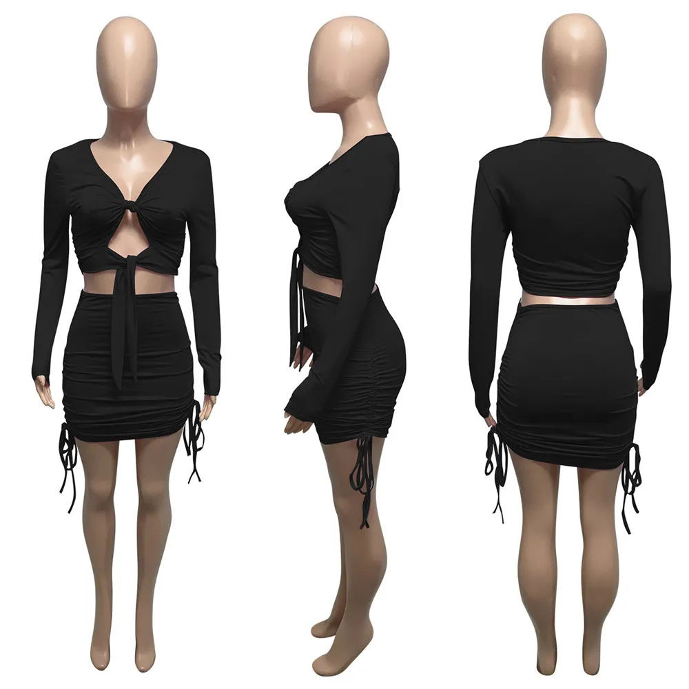 Tasarımcı Yeni 2023 Tasarımcı Elbise Setleri Kadınlar Bahar Sonbahar Uzun Kollu V Boyun Bandaj Kesme Üst ve Bodycon Etek İki Parçalı Setler Sıradan Eşleştirme Takipleri 8363