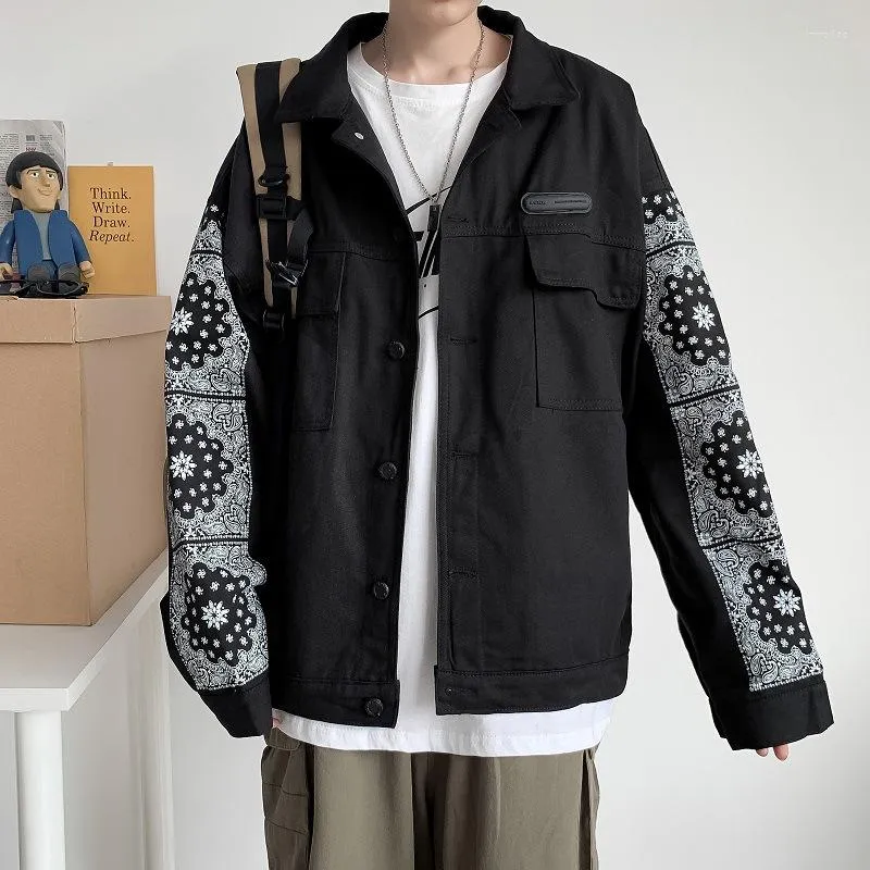 Vestes pour hommes rétro couleur-bloc impression outillage poche veste mâle Version coréenne lâche jeunesse décontracté vêtements d'extérieur hommes Streetwear