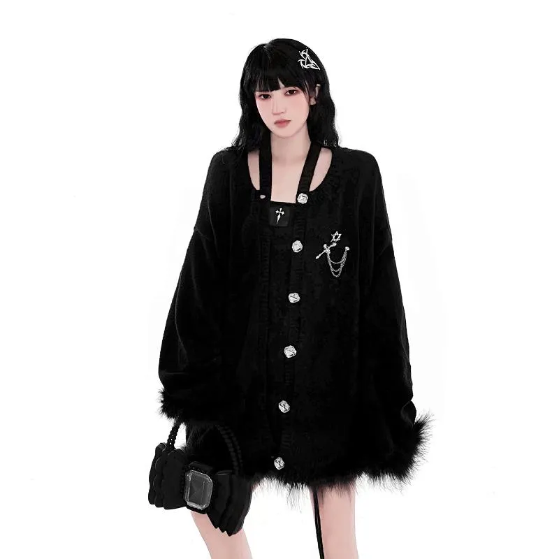 Women's Jackets Autumn Winter Harajuku Cross V-neck Black Kawaii Girl Loose Long Sleeve Thick Fashion Sweet Cute Knitting Coat