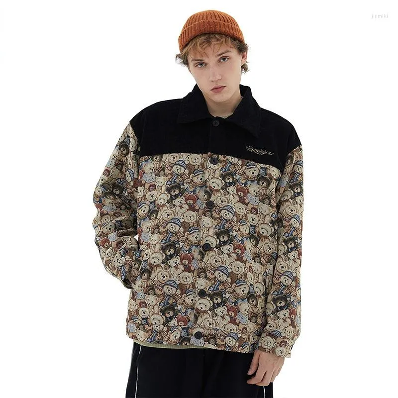 Herenjacks Fashion Splice Bear Print herenjack Autumn High Street Corduroy Coat Ins Unisex Simple Quality Streetwear Men