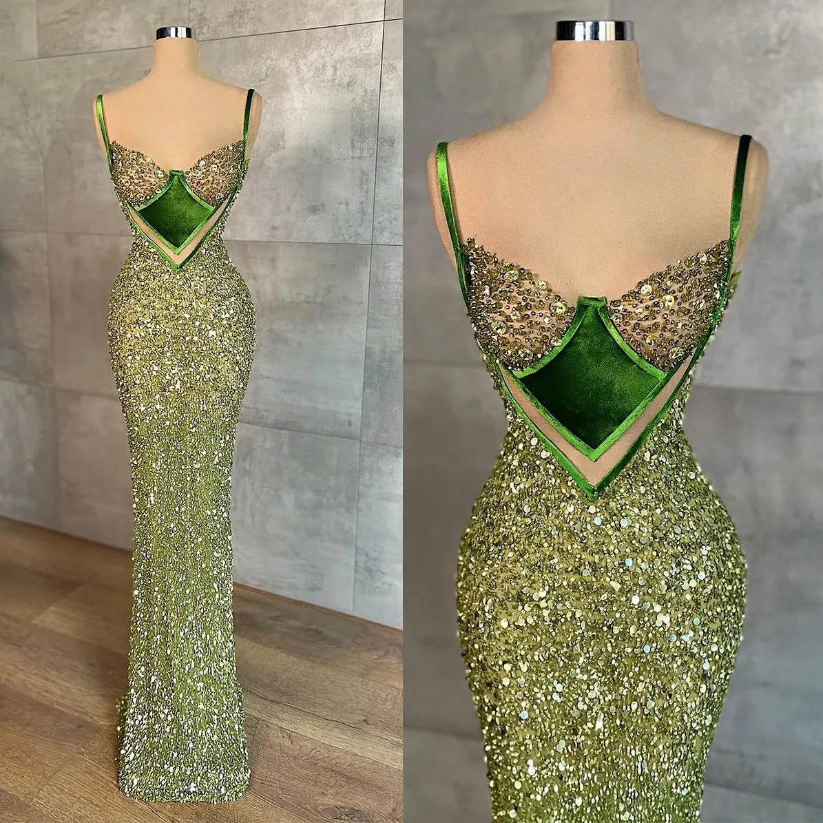 Sexiga spaghettiremmar aftonklänningar Fashion Sequins sjöjungfru Prom Dress ärmlös golvlängd Formell festklänningar