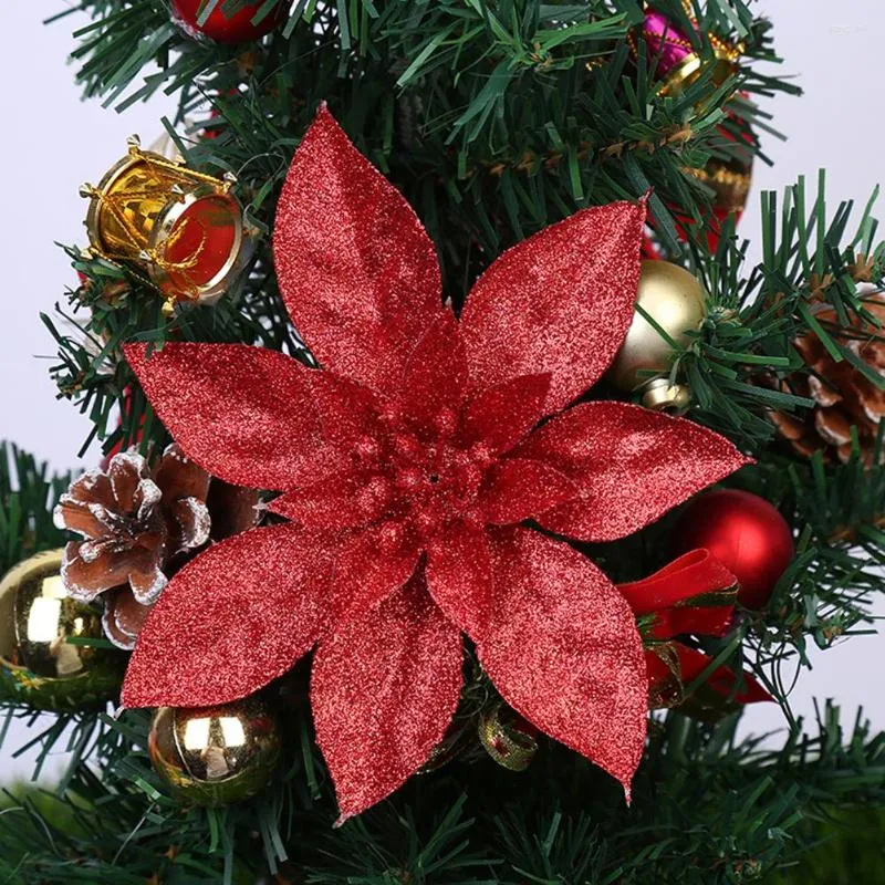 Decorative Flowers 2PC 15cm Artificial Solid Glitter Christmas Flower Heads DIY Wreath Xmas Tree Hanging Decoration For Party Wedding