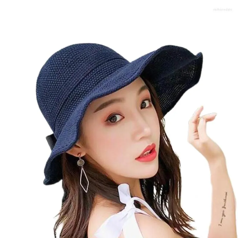 Wide Brim Hats Fashion Women Summer Woven Mesh Sun Visor Cap Sweet Bowknot Open Top Roll-Up Packable Travel UV Protection Beach Hat