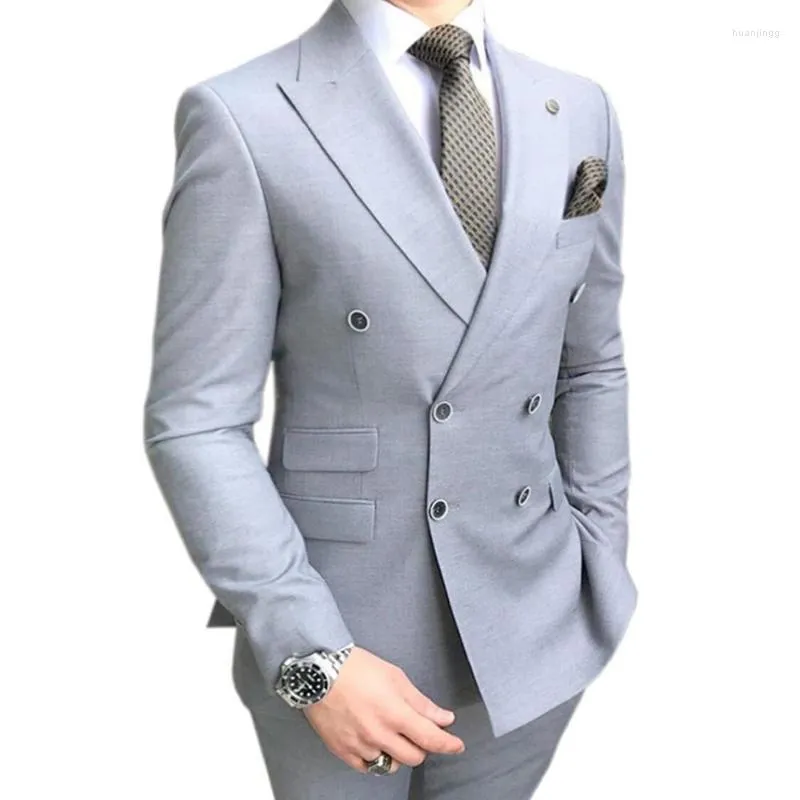 Men's Suits Double Breasted Slim Fit Men Suit For Groomsmen 2 Piece Wedding Tuxedo With Peaked Lapel Light Gray Custom Male Fashion Clothes