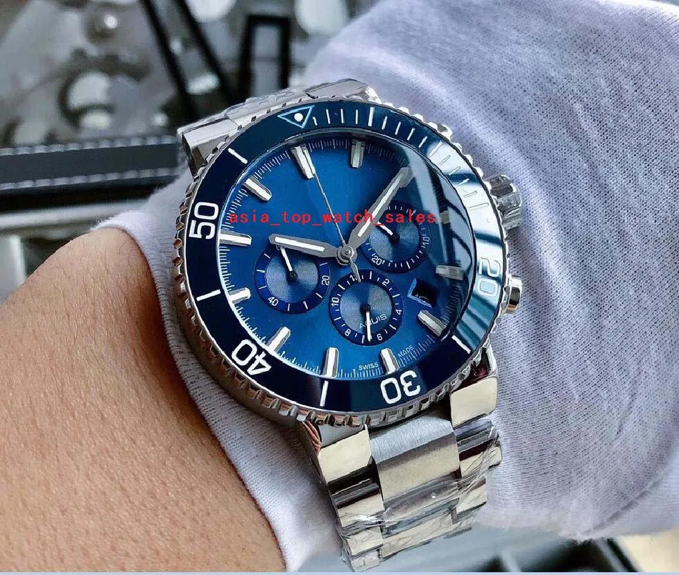 Multi Style Super Quality Men Watches 46mm Blue Dial Sapphire Data automática luminosa Japão Cronografia de quartzo multifuncional 316 L Case de aço de aço Men's Wristwatches