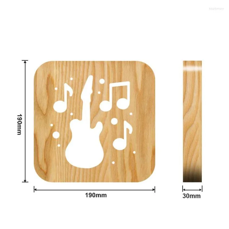 Nattlampor Solid Wood Guitar Musical Note Light Cut-Out varm vit lampa med på/av-brytare och USB-kabel för bordsdekoration