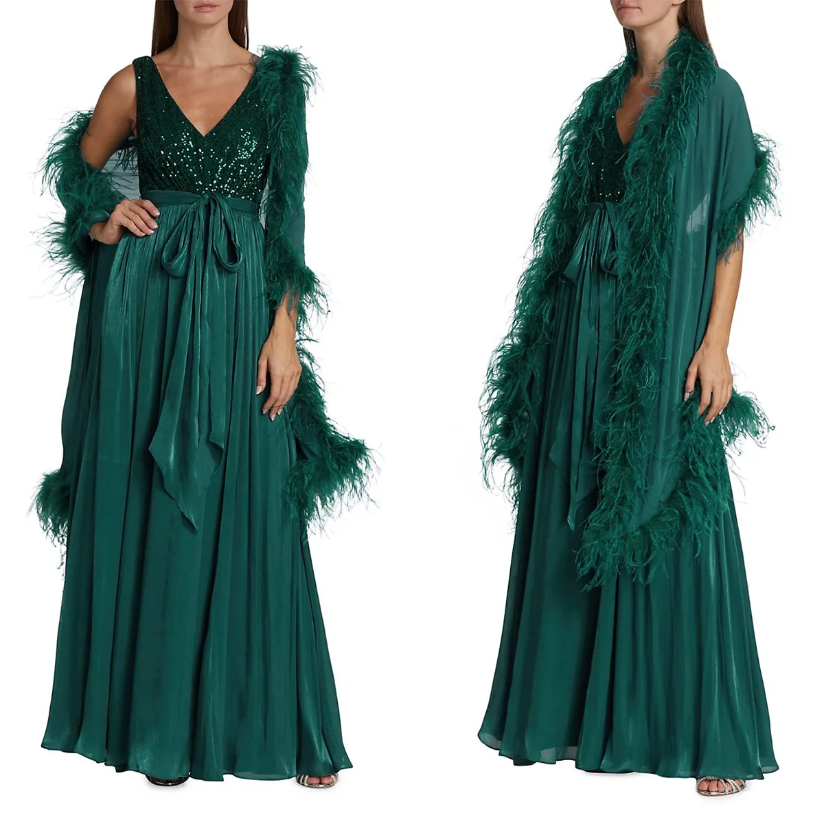 2 Pièces Robes De Bal Élégantes A-ligne Col En V Sans Manches Tulle Paillettes Châle Avec Plume Dos Nu Etage Longueur Fermeture Éclair Robe De Soirée Sur Mesure Plus La Taille