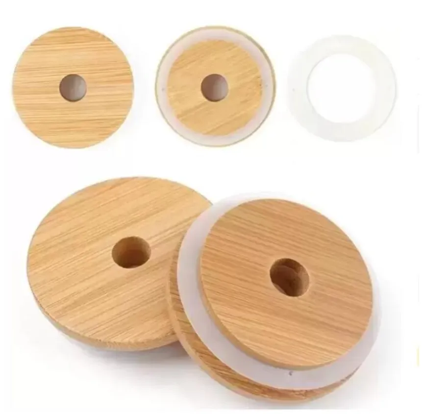 Bamboo Cap Lids 70mm 88mm Reusable Wooden Mason Jar Lid with Straw Hole and Silicone Seal DHL Free Delivery FY5015 ss0114