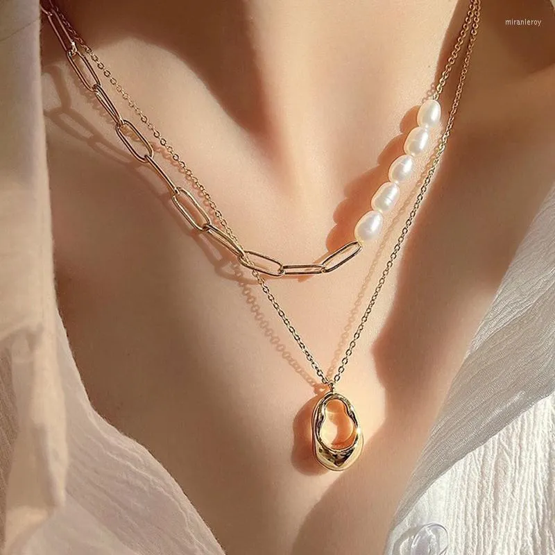 Cadenas 2 unids/set colgante collar de perlas naturales cadena chapada en oro Collier gargantilla joyería de moda para mujeres accesorios de fiesta