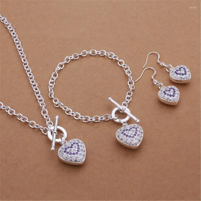 Set di orecchini per collana, braccialetti con ciondolo in cristallo a forma di cuore, colore argento con timbro in argento 925 per le donne, matrimoni, feste di moda