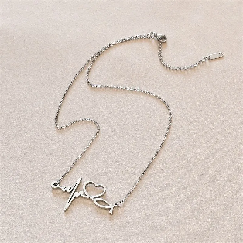 Heart Shape Electrocardiogram Pendant Necklaces Personalized Butterfly Titanium Steel Necklace Unique Jewelry For Women