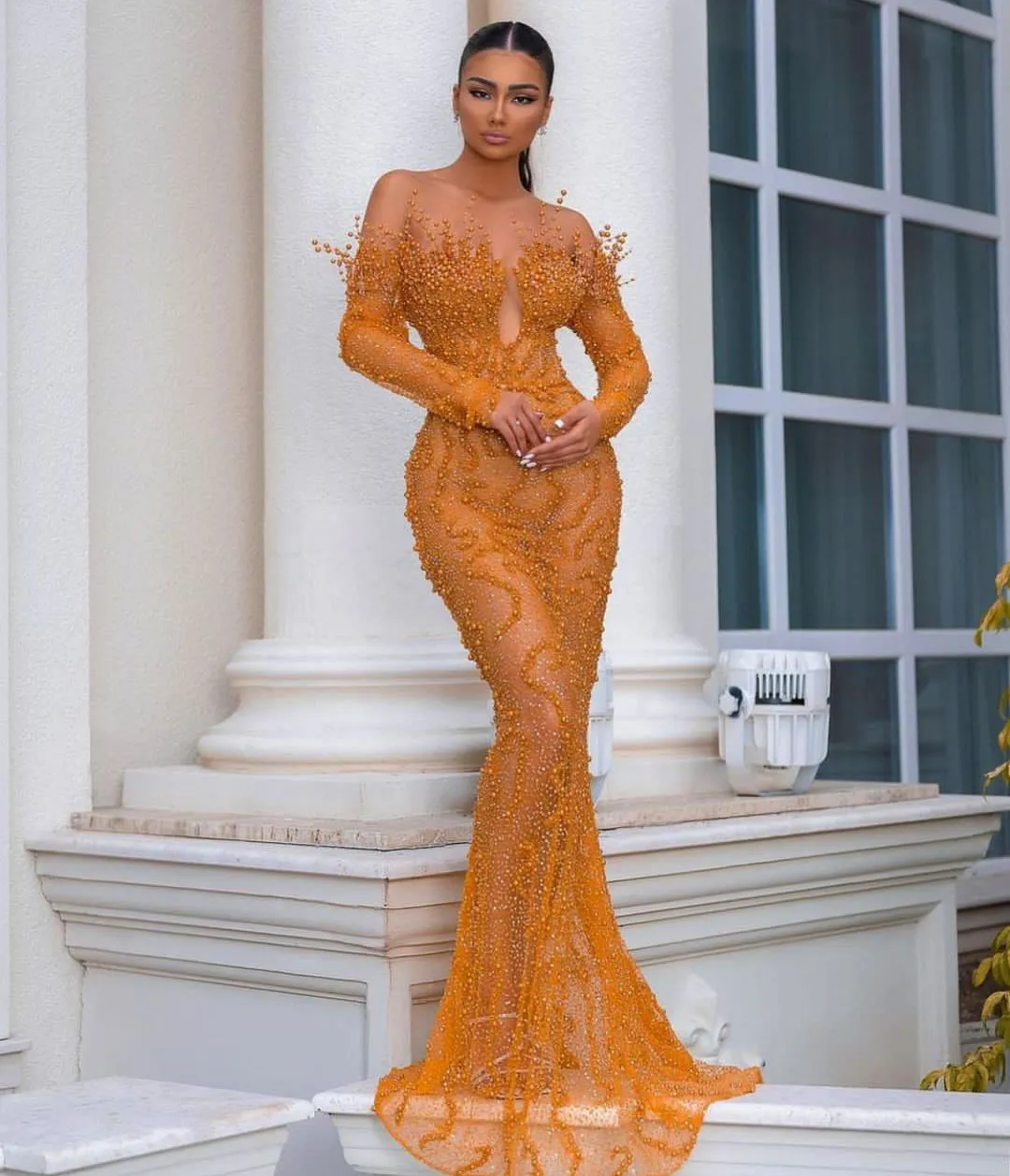 Save Big on Bulk Orange Mermaid Evening Dresses Long Sleeves V Neck Beaded  3D Lace Appliques Sequins Pearls Floor Length Celebrity Hollow Sexy Formal 