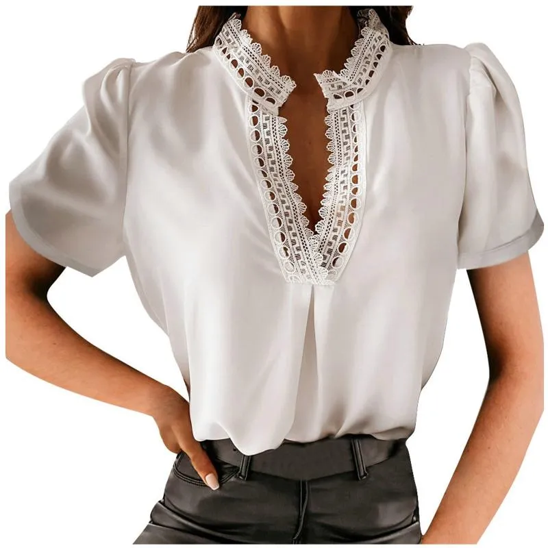 Women's Blouses & Shirts Lace Patchwork Blouse Women Solid Short Sleeve Summer Tops Hollow V Neck Et Chemises White Shirt