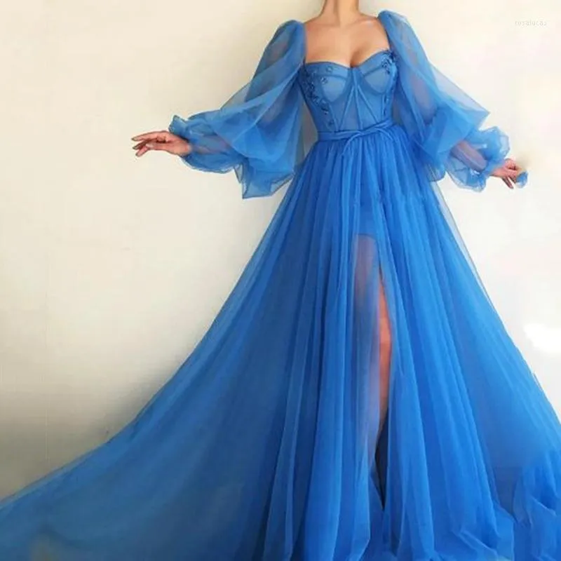 Robes décontractées Simple Bleu Prom Manches Longues Bouffantes Exposées Désossage Illusion Soirée Haute Fente Tulle A-ligne Robes Formelles