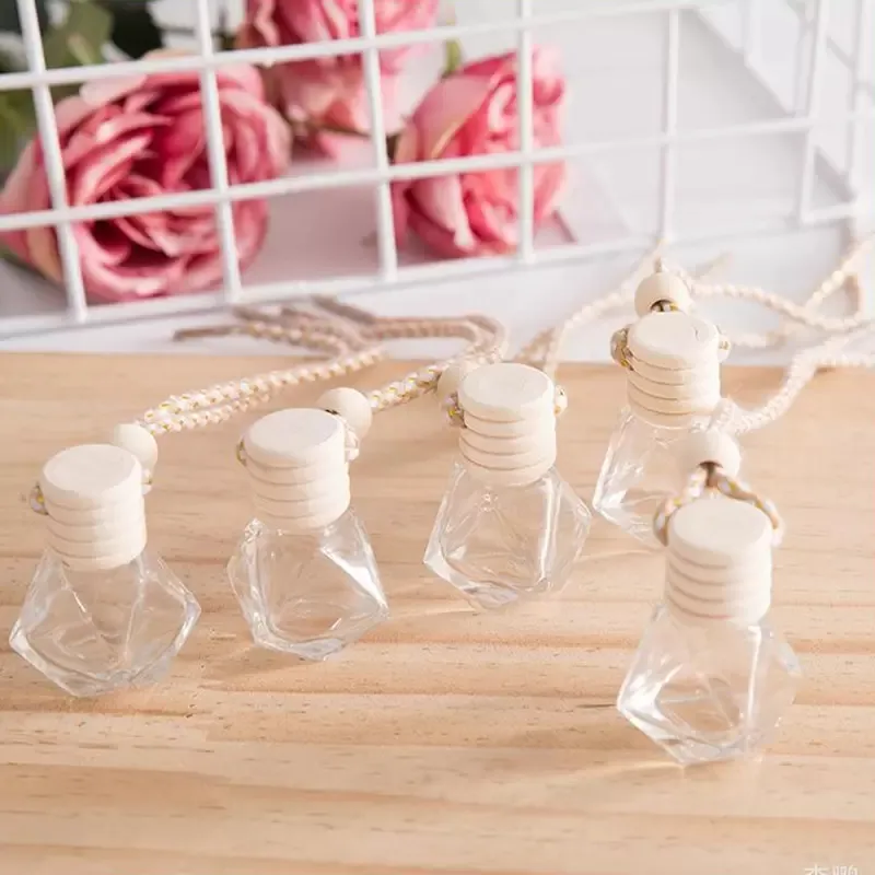 Rhombic Essential Oils Diffusers Car Pendant Perfume Bottle Glass Ornaments Empty Bottles Round Wooden Lid Air Freshener