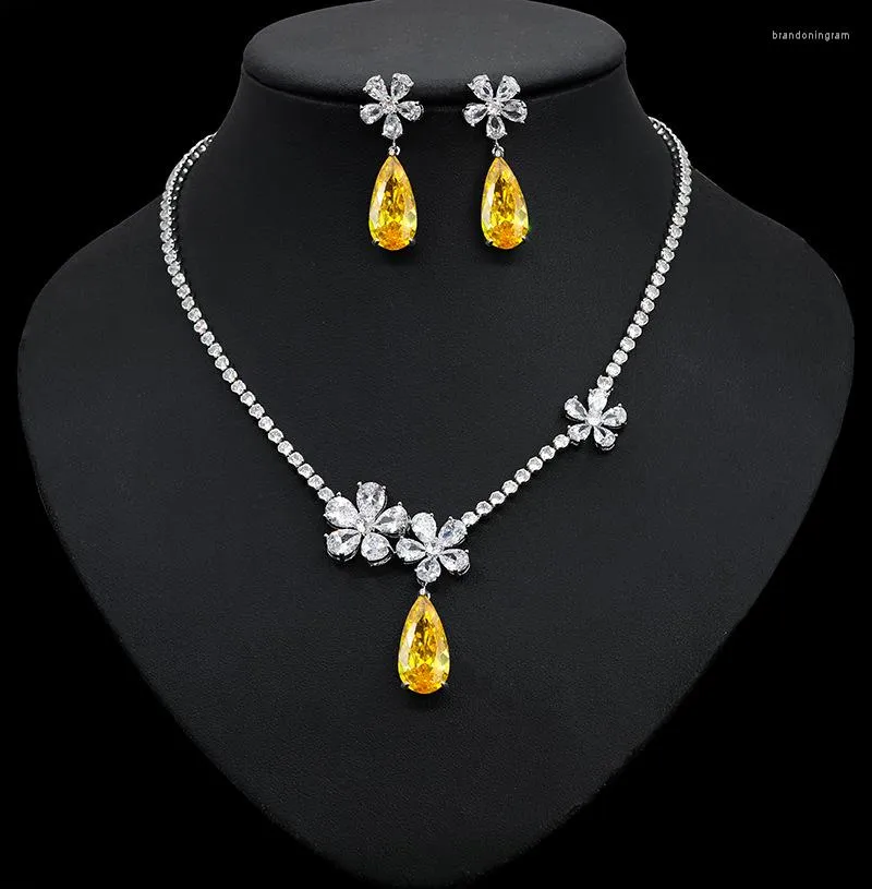 Necklace Earrings Set CZ Crystal Flower Teardrop For Women Luxury Evening Dress Jewelry Bridal Accessories Wedding