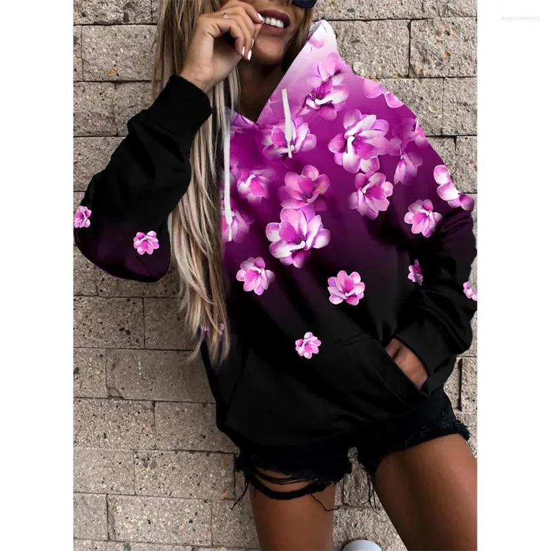 Sweats à capuche pour femmes Femmes Rose Fleur Imprimer Sweat À Capuche Mode Casual Streetwear Vêtements Féminins Automne Hiver Sweat Y2k Pull Hauts