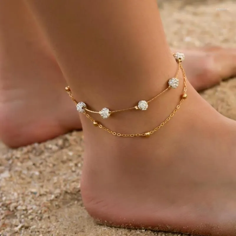 Ankletter Rhinestone Pave Disco Pärla Charm Anklet för kvinnor Guld Silverfärg CRYSTAL BALL ANKLE BRACLATE CHEVILLE BARA FOTMAYGRY