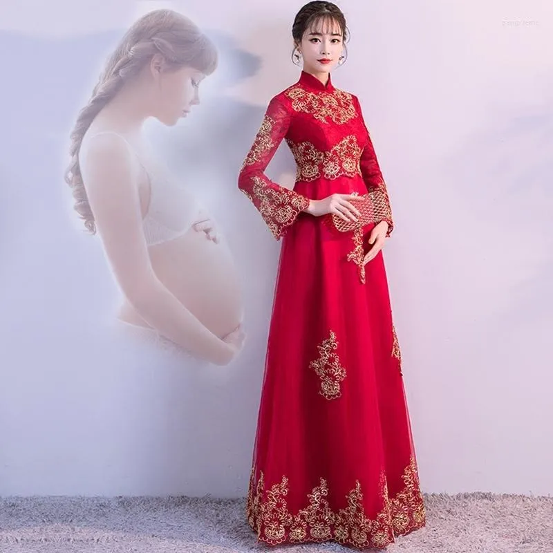 Etnische kleding Rode Zwangere bruid Taille Trouwjurken Traditionele Chinese kleding voor vrouwen kleden moderne cheongsam qipao oosterse stijl