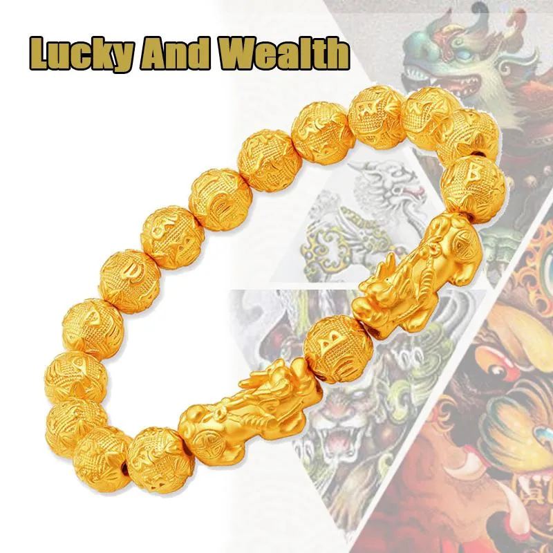 أساور ساحرة فيتنام Shakin Pixiu الحجر الطبيعي الذهبي حبة منحوتة نقش الأزواج Lucky Wealth Fengshui سوار مجوهرات