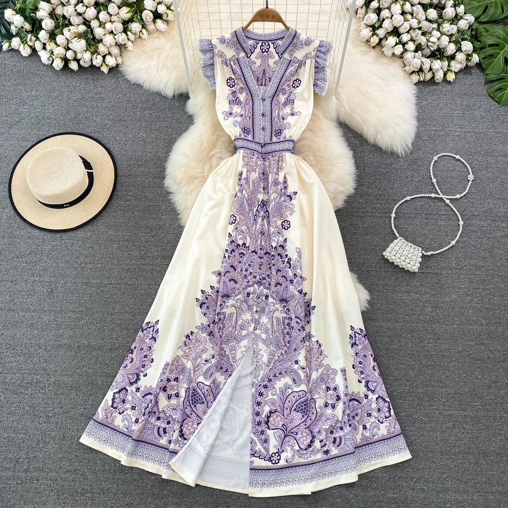 Robe de style cour Vintage avec manches volantes, col en v, taille fine, simple boutonnage, robe trapèze élégante