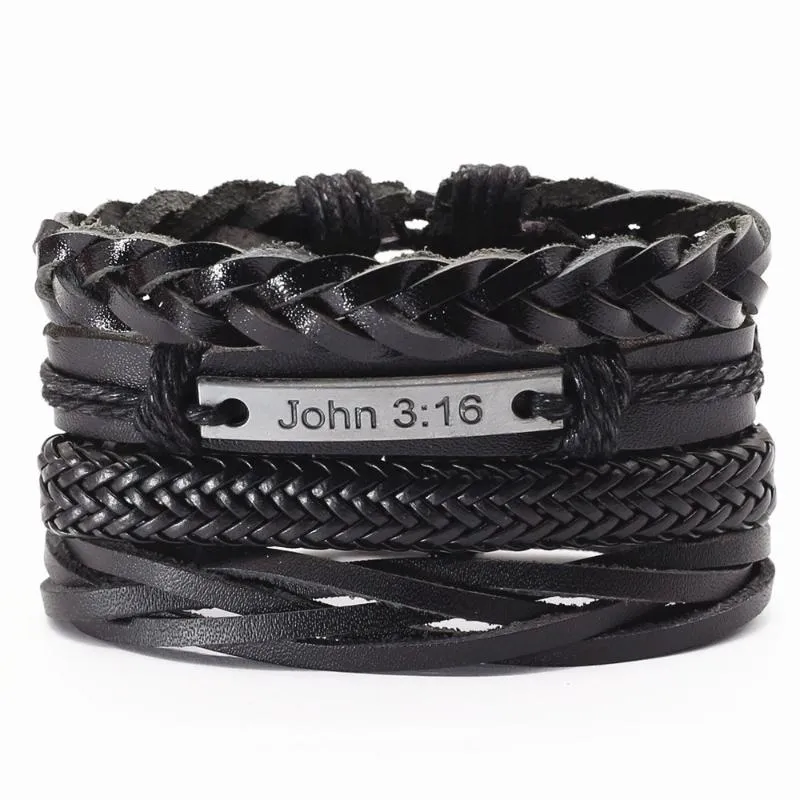 Charm-Armbänder Glaube Johannes 3:16 Armbänder WWJD Punk 4 Stück/Set Vintage Schwarz Bibel Leder Männer Frauen Einzigartiger Schmuck