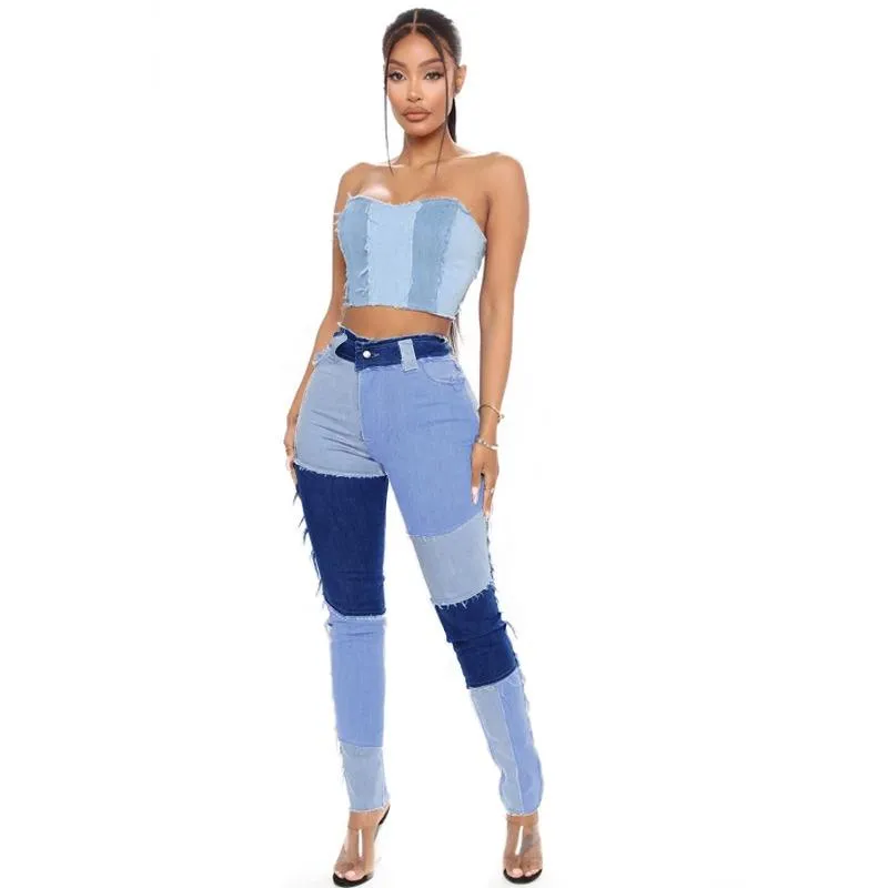 Jeans féminins 2023 Patchwork automne pantalon en denim bleu Hight taille skinny crayon fitness extensible pantalon pantalon