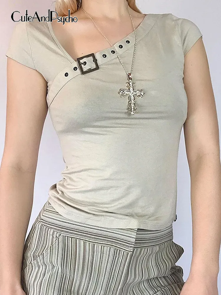 女性の Tシャツ Cuteandpsycho カジュアルストリートレトロ Tシャツ女性のためのスキューネックシックなヴィンテージクロップトップス夏半袖ファッション Tシャツ 230114