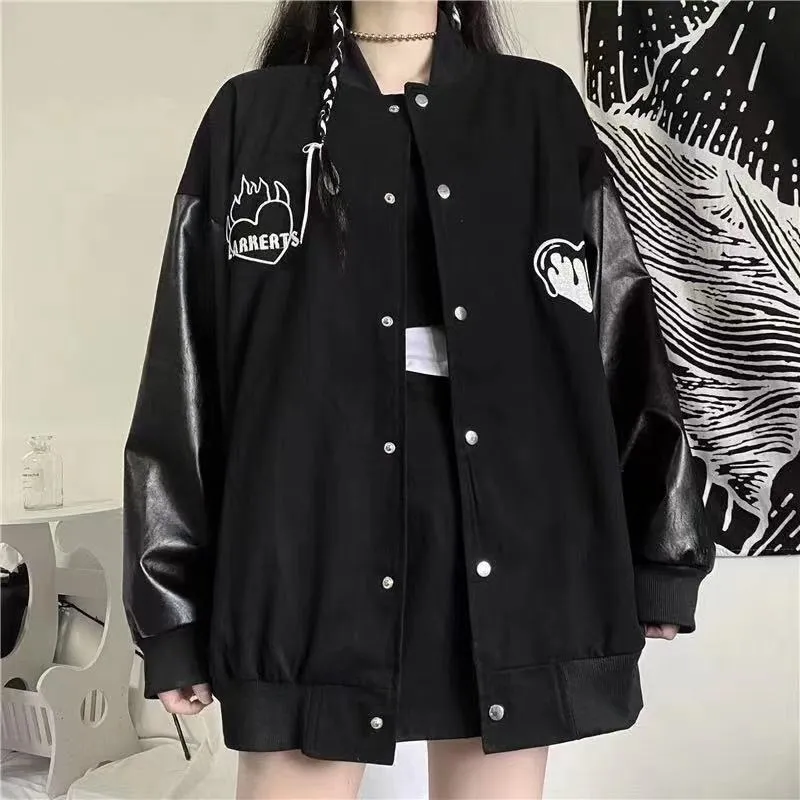 Womens Jackets HOUZHOU Baseball Bomber Jacket Women Goth Harajuku Patchwork Oversize Leather Jackets Kpop Korean Streetwear Gothic Spring Coat 230114