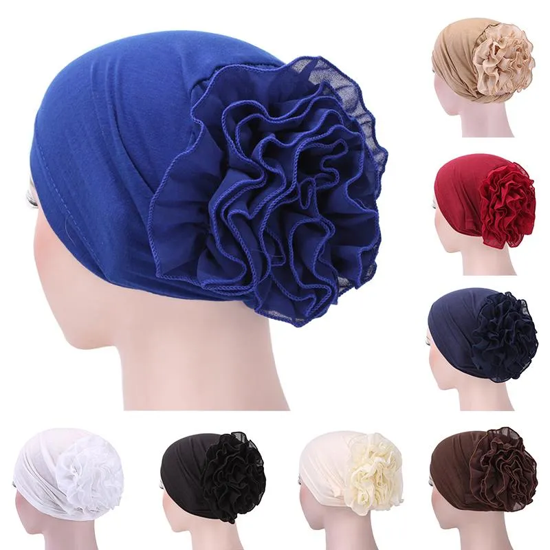 Ethnic Clothing Woman Big Flower Turban Hair Accessories Head Wrap Hijab Hat Chemo Beanie Ladies Muslim Loss Scarf Cap Solid Color Headwear