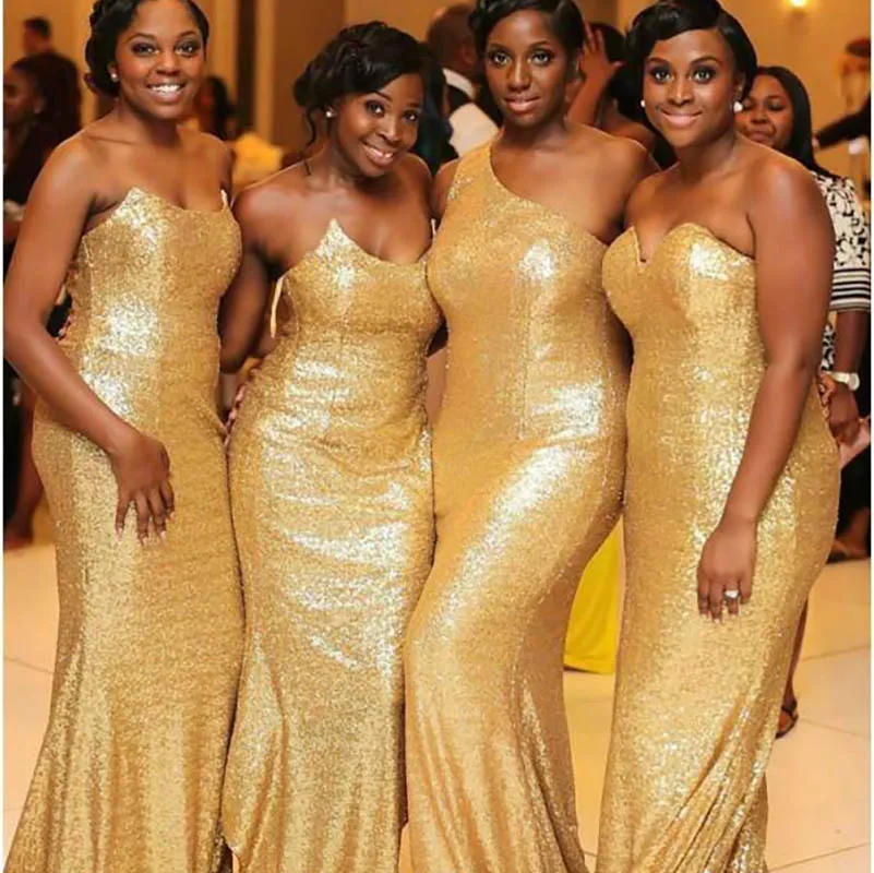 2023 Sparkly Gold -pailletten zeemeermin bruidsmeisje jurken een schouder sweetheart strand plus size bruiloft gasten jurken op maat gemaakte formele avondkleding