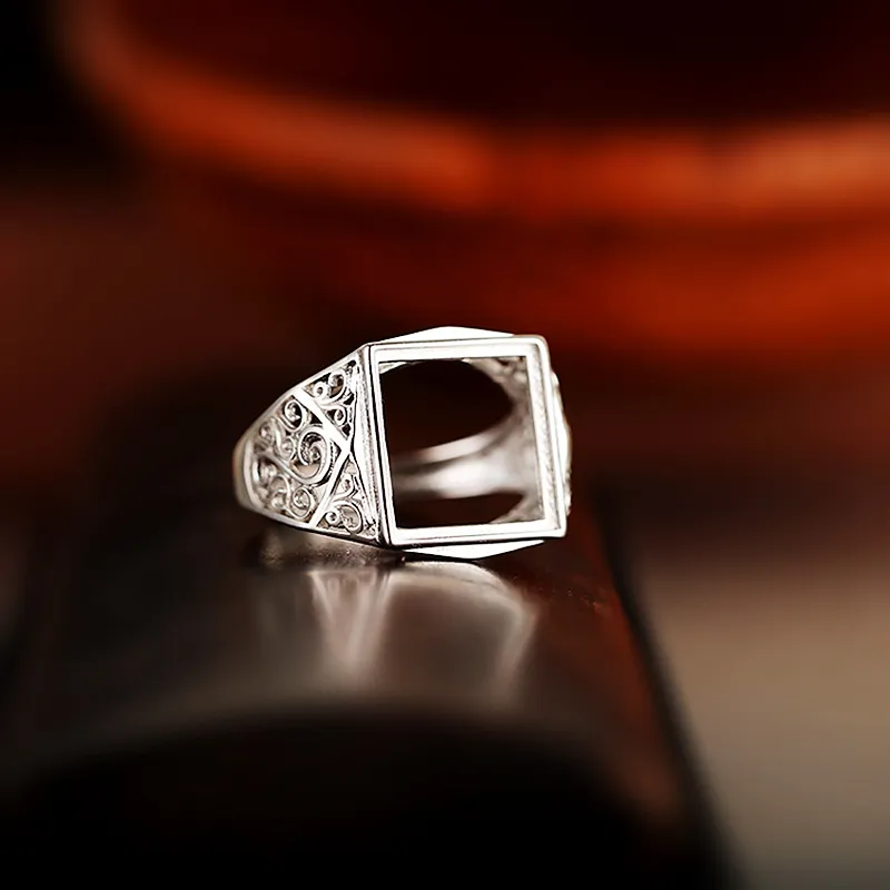 925 Sterling Silver Men Ring Punk 13x13mm Princess Cabochon Semi Mount Engagement Ring Fine Jewelry DIY Gemstone Setting