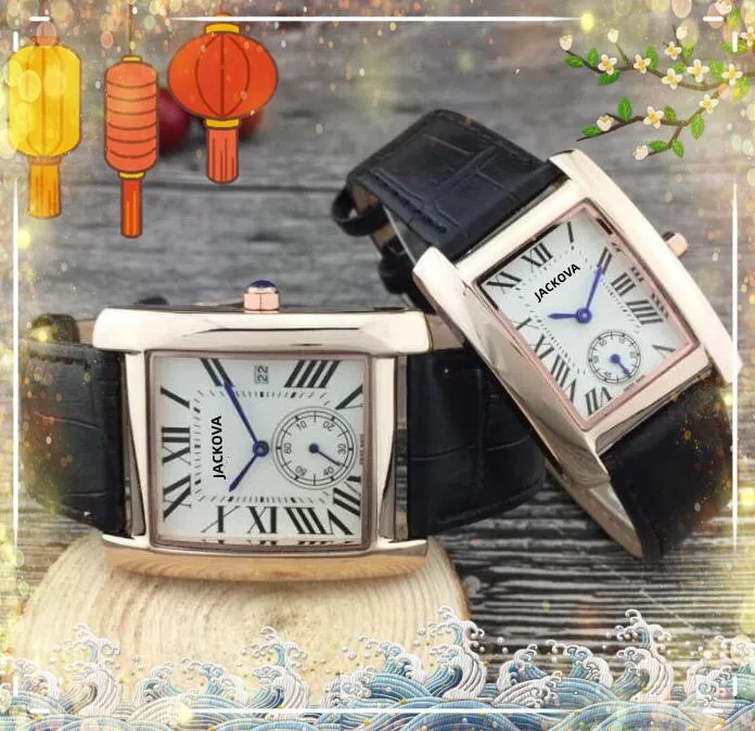 ICE-Out Bling Rectangle Shape Lovers Watch Women Men Hip Hop Tank Series Roman Dial Genuine Leather Belt Business Quartz Movement Auto Date Wristwatch Gifts