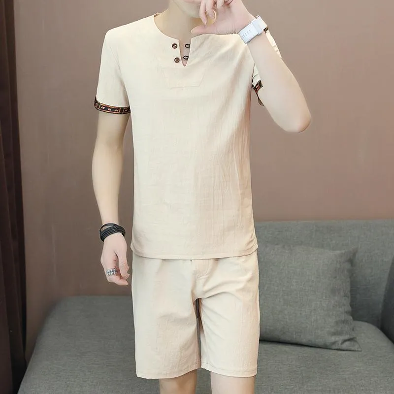 Herrspår 2023 Summer Cotton Linen Kortärmade uppsättningar Män t-skjorta Shorts Passar manlig kinesisk stil tvådelar set