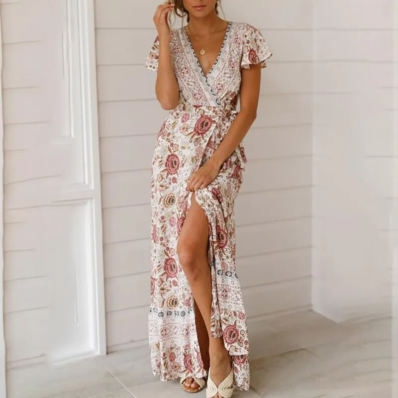 Bell sleeve Print Maxi V neck Split Bandage High waist Maxi Dresses Bell sleeve Print Maxi V neck Split Bandage High waist Maxi Dresses