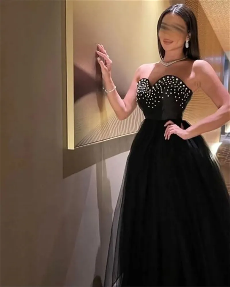 Black Evening Dresses Tulle Strapless Elegant Formal Women Prom Gowns Robes De Soiree 2023 Abendkleider Dubai