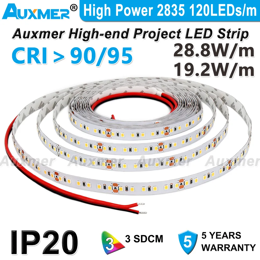AUXMER HIGH POWER 2835 120LEDS/M LEDストリップライトCRI95 CRI90 IP20 DC12V/24V 28.8W/M 19.2W/M 5Mウォームナチュラルコールドホワイトアブリックイエローレッドブルーグリーンオレンジ