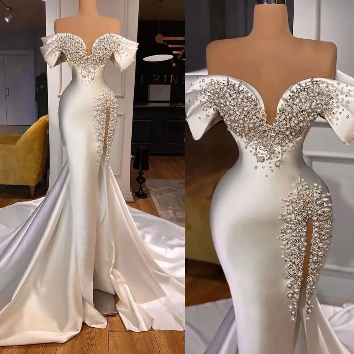 2023 Designer Mermaid Wedding Dresses Bridal Gown Pearls Crystals Beaded High Split Off the Shoulder Satin Ruffles Custom Made Vestidos de novia Plus Size