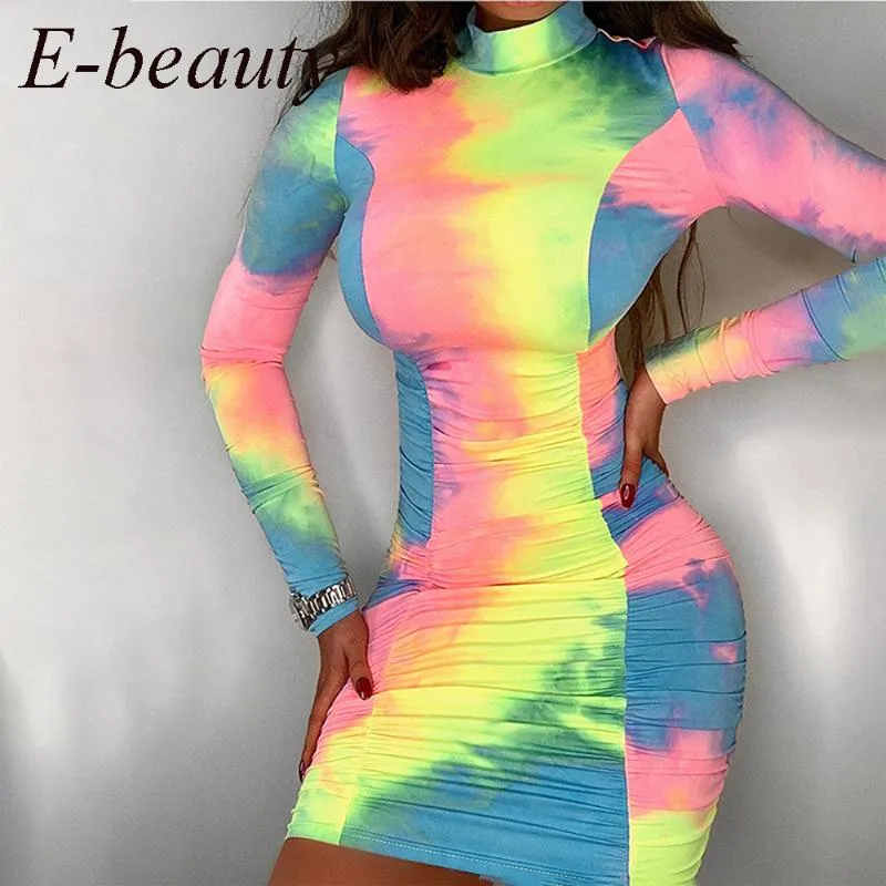 Robes décontractées Tie Dye Slip col roulé dos nu Sexy 2023 été automne femmes mode taille haute mince fête élégante moulante robe mi-longue