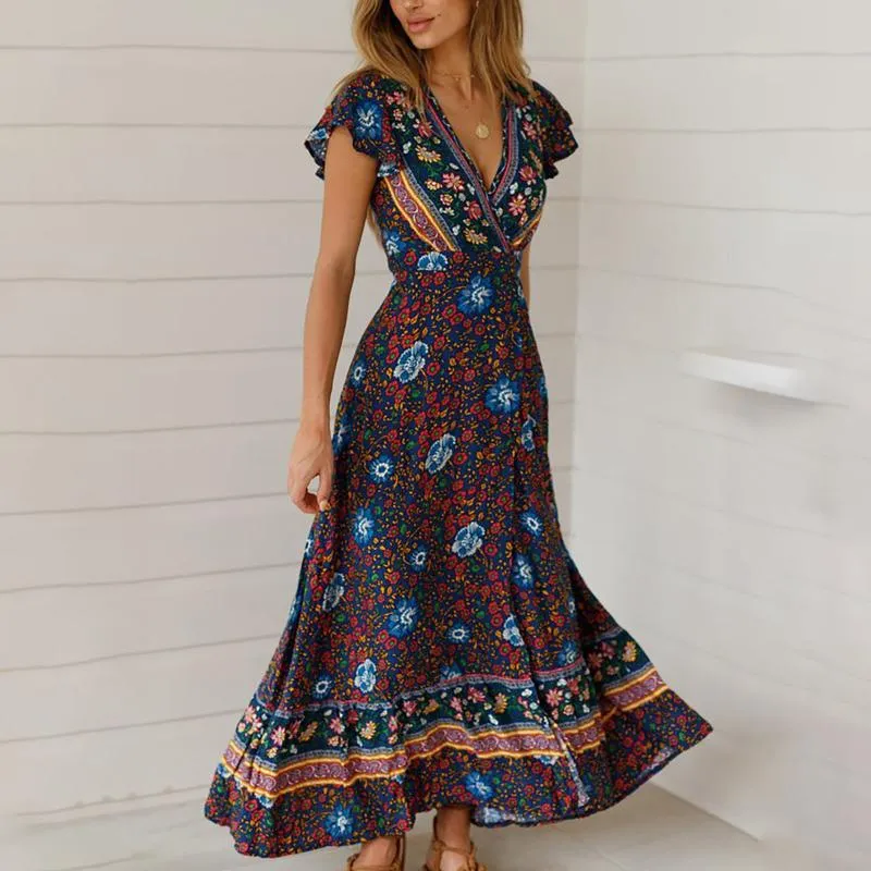 Bell sleeve Print Maxi V neck Split Bandage High waist Maxi Dresses Bell sleeve Print Maxi V neck Split Bandage High waist Maxi Dresses