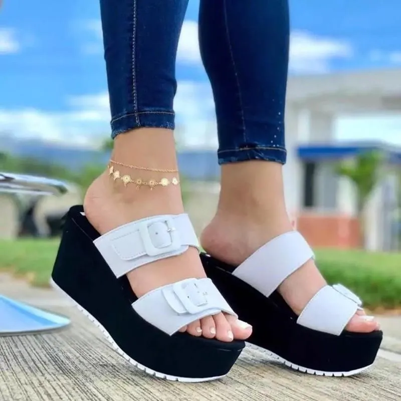 Sandals Summer Women Platform Wedge Leather Double Buckle Strap Trend Fashion Shoes Female Modern Design 2023 Height Increasing