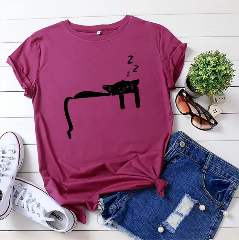 여자 T 셔츠 여성 여름 수면 고양이 인쇄 면화 짧은 소매 여성 패션 그래픽 옷 숙녀 Kawaii 플러스 사이즈 티 탑